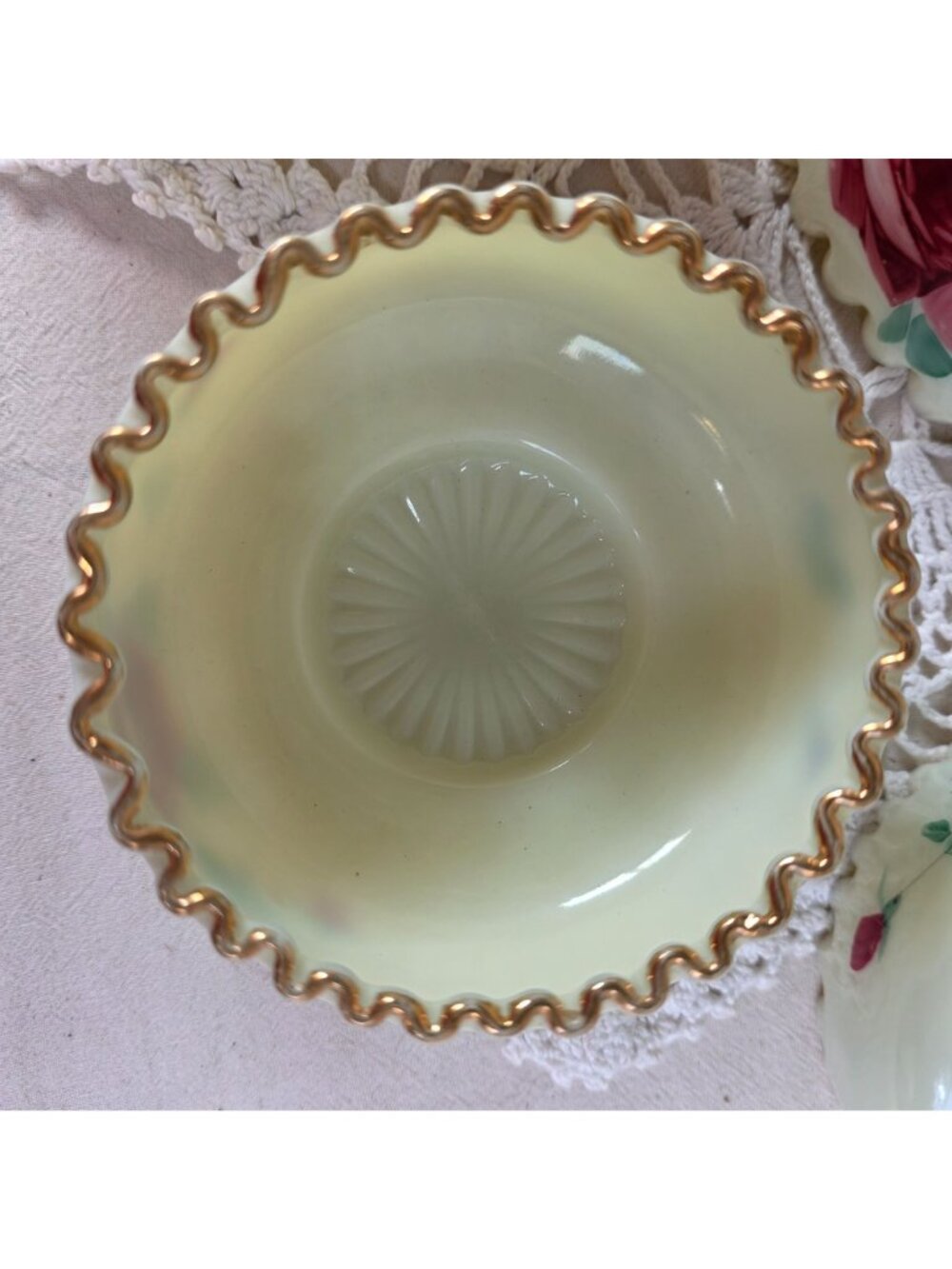 Antique Jefferson Optic Custard Glass Berry Bowl Set 7 Pc Hand Painted Roses Gol - Picture 9 of 15